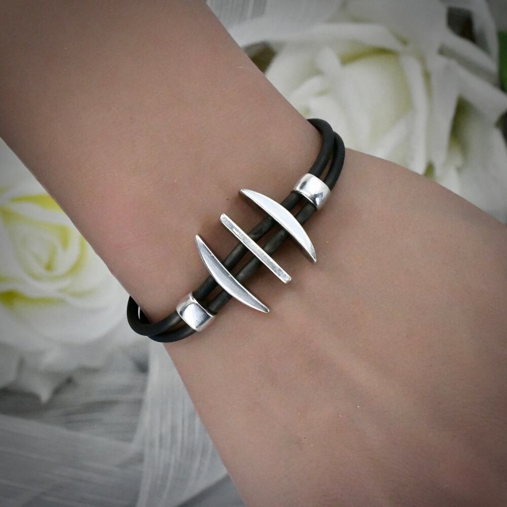 Vintage 925 Sterling Silver Triple Claw Black Leather Bracelet 8" 13.9g Unisex